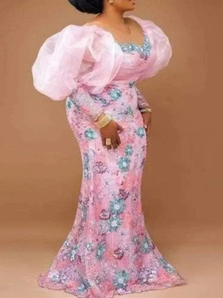 African Wedding Party Dresses for Women Autumn Africa Elegant Long Sleeve Pink Evening Long Robes African Gowns African Clothing Beauty hair & fashionfj