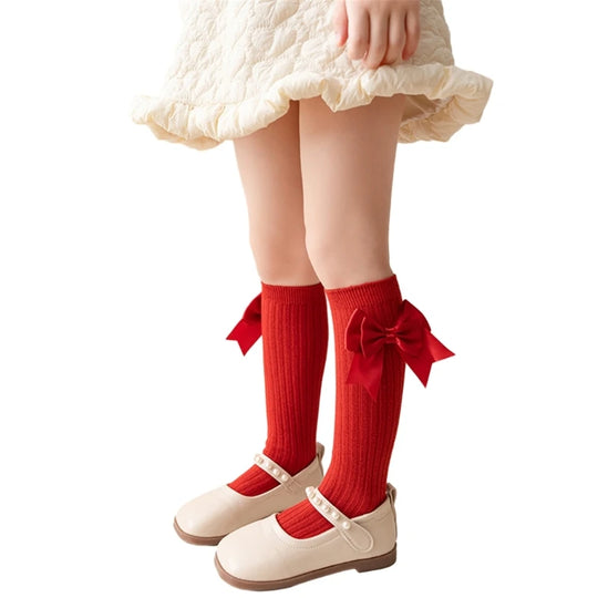 Pairs Girls Knee High Socks with Big Ribbons Bow, Back to School Socks Cotton Socks Uniform Party Wear Long Socks