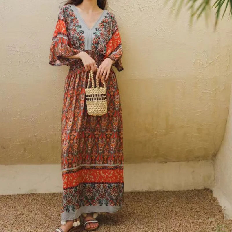 Summer Trend Ethnic V-Neck Printed Women's Dress Vintage Elegant Batswing Sleeves Elastic Waist Large Swing Casual Holiday Dress Beauty hair & fashionfj