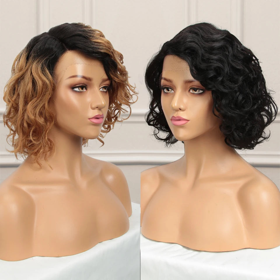 Brazilian Short Curly Bob Human Hair Wigs For Women Water Wave transparent Lace Front Wig Highlight Honey Blonde Colored Wigs