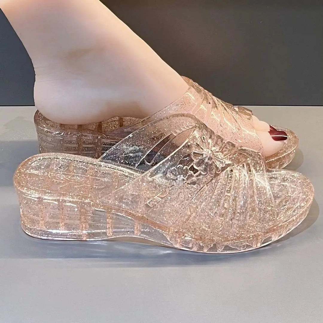Transparent Jelly Slippers Women's Summer Wedged Heel Mules Shoes Woman Sparkling Glitter Sandal Open Toe Outdoor Clear Slipper Beauty hair & fashionfj