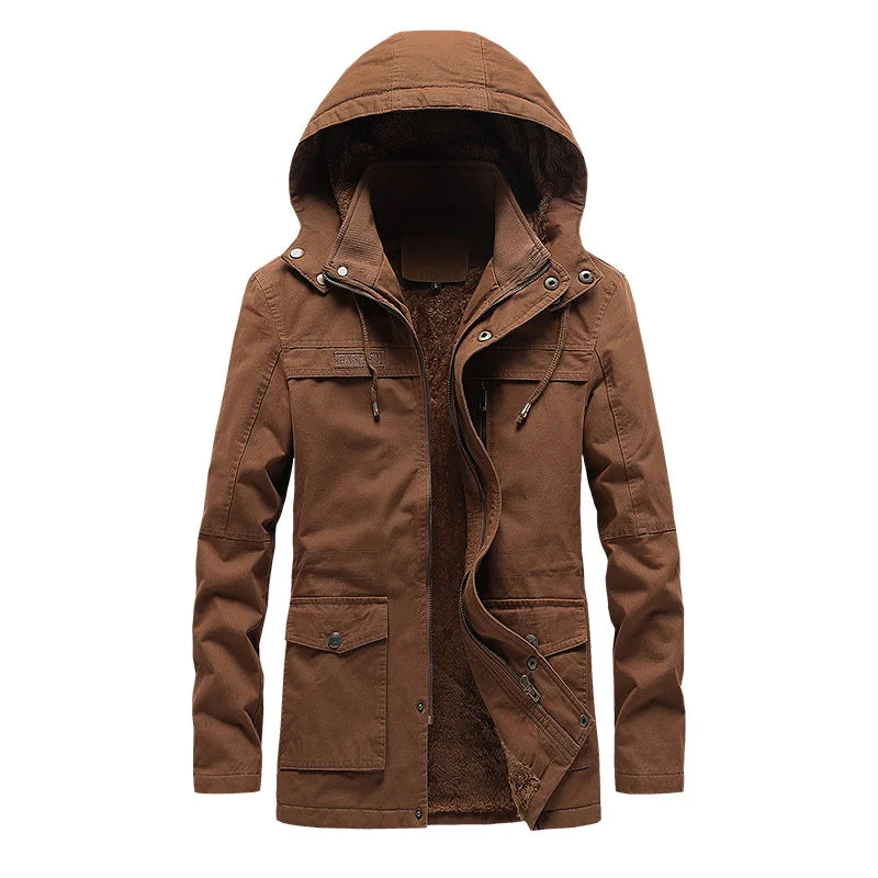 Winter Fleece Jackets Men Hooded Warm Thick Parkas Male Multi Pocket Cargo Jacket Coats Fashion Casual Outerwear Mens Clothing