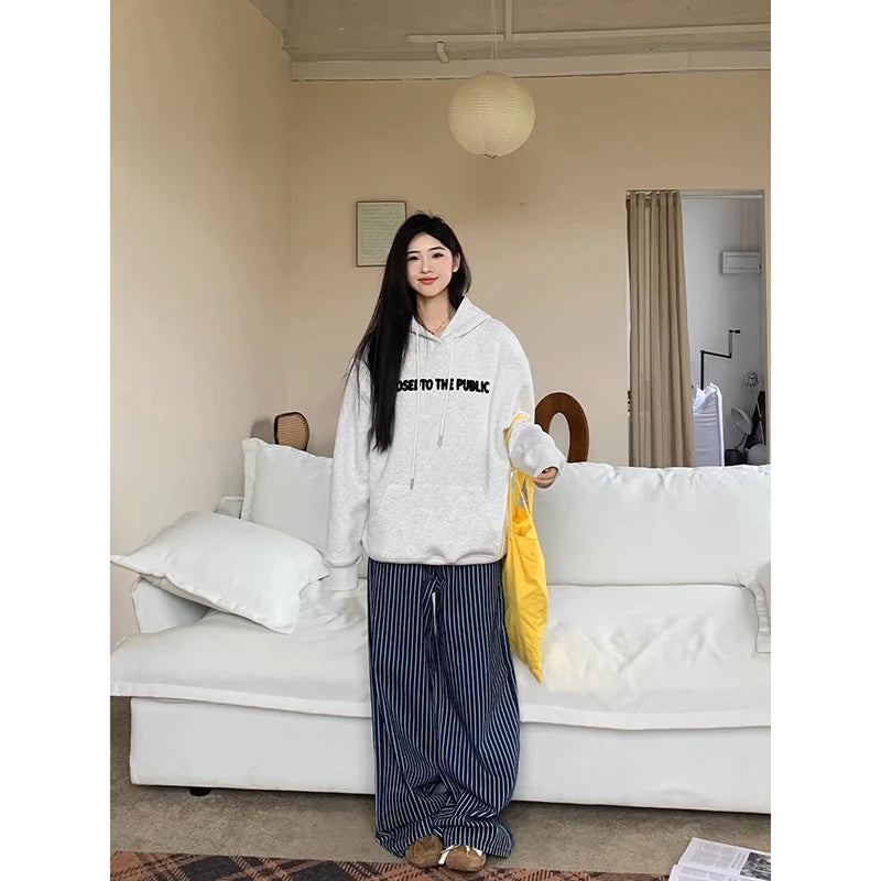 Autumn Y2K Vintage 90s Blue Striped High Waist Wide Leg Pants Women Long Loose Korean Trousers Full Length Bottom Jeans Pants Beauty hair & fashionfj