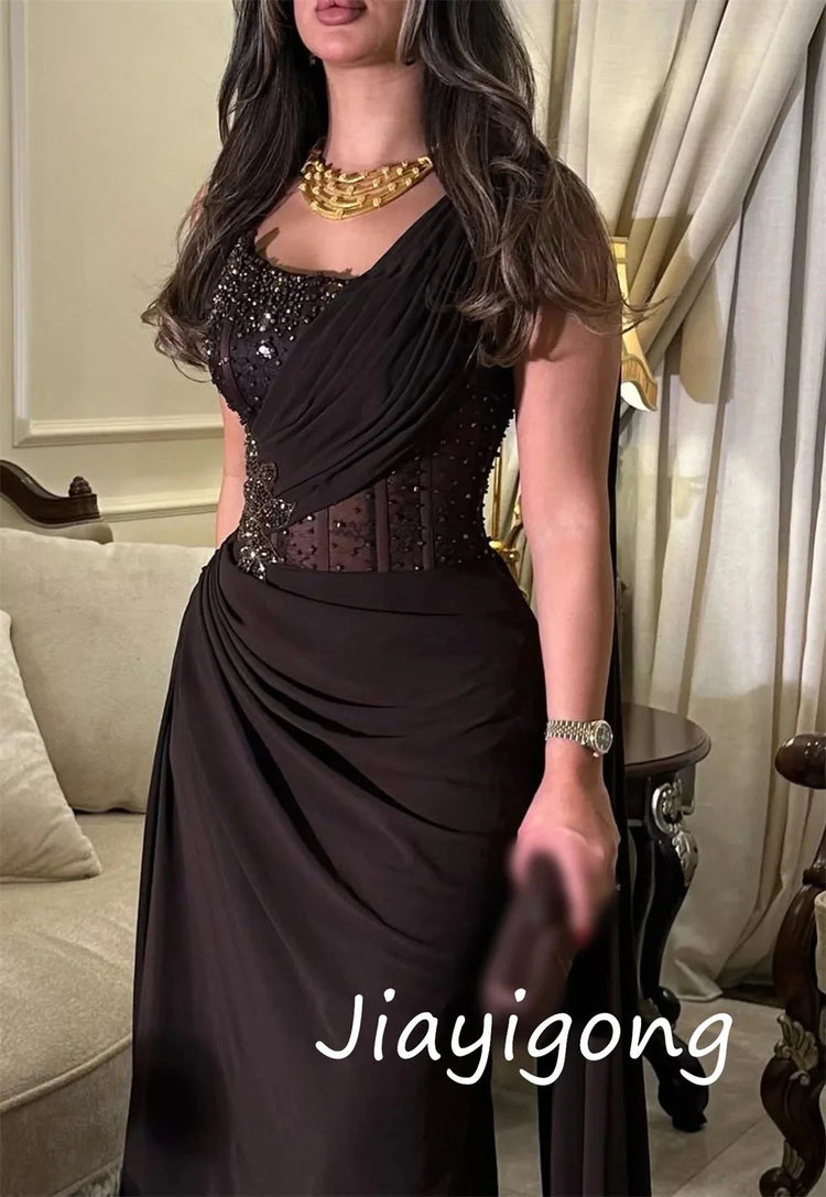 Customized Exquisite Jersey Sequined Pleat A-line One-shoulder Long Dresses Bespoke Occasion High Quality Beauty hair & fashionfj