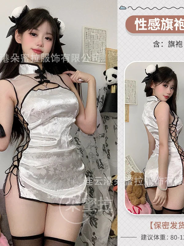 Sexy Cheongsam Mini Dress Mesh Lace Sheer Charming Underwear Uniform Transparent Slim Side Straps Dress Elegant Tops HE1O Beauty hair & fashionfj