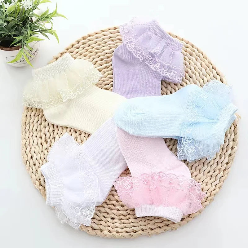 5 pairs of double-layer lace-trimmed dance socks for girls, suitable for ages 3 to 12 - soft light colors, breathable cotton bl