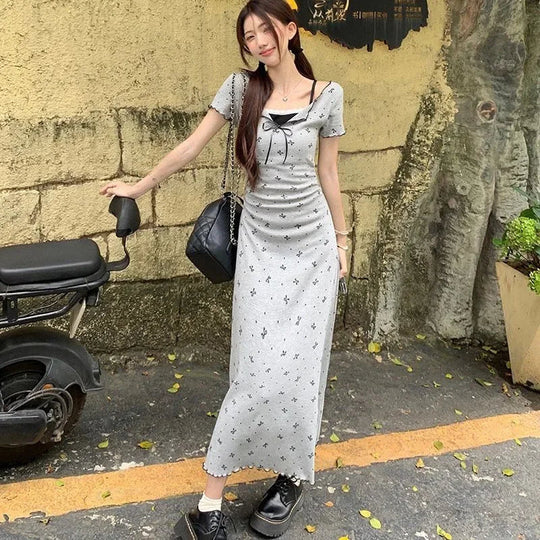 Lucyever Fake Two Piece Bowknot Print Dress Women Summer Lace Patchwork Short Sleeve Dresses Korean Fashion Slim Mini Dress Lady Beauty hair & fashionfj