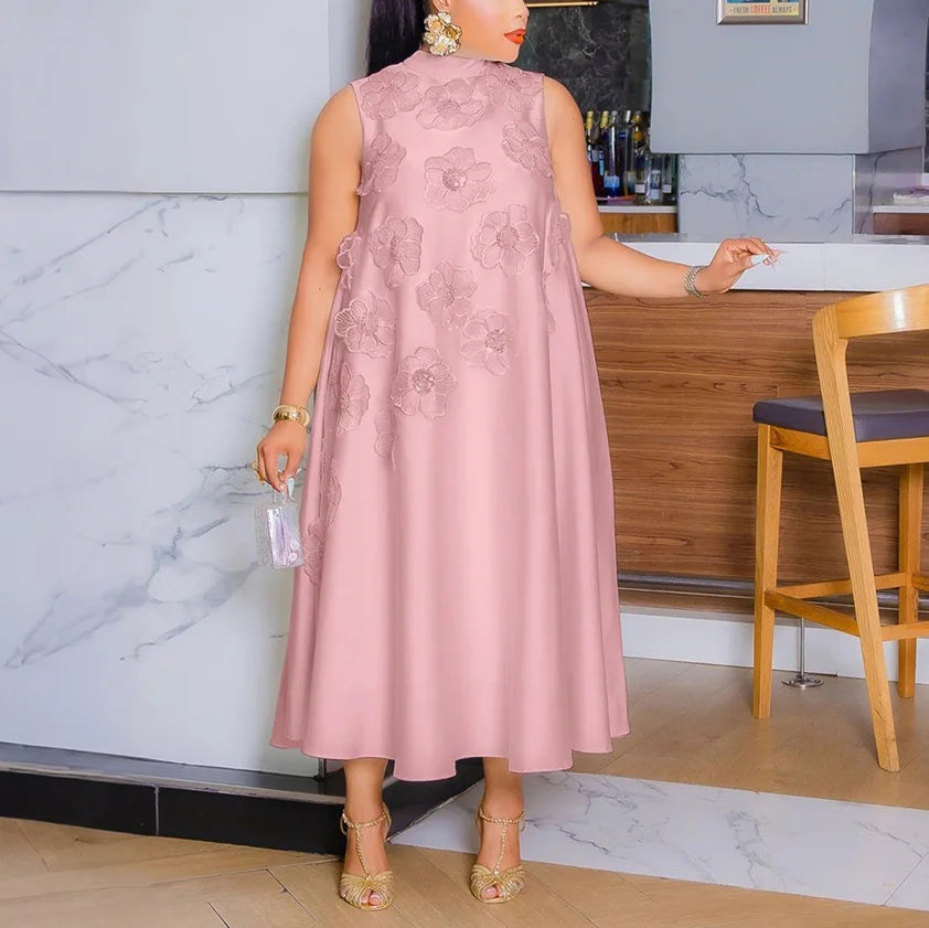 Elegant Dresses for Woman 2025 New O Neck Sleeveless Floral Decorate Straight Ankle Length Fashion Ladies Birthday Party Dress Beauty hair & fashionfj