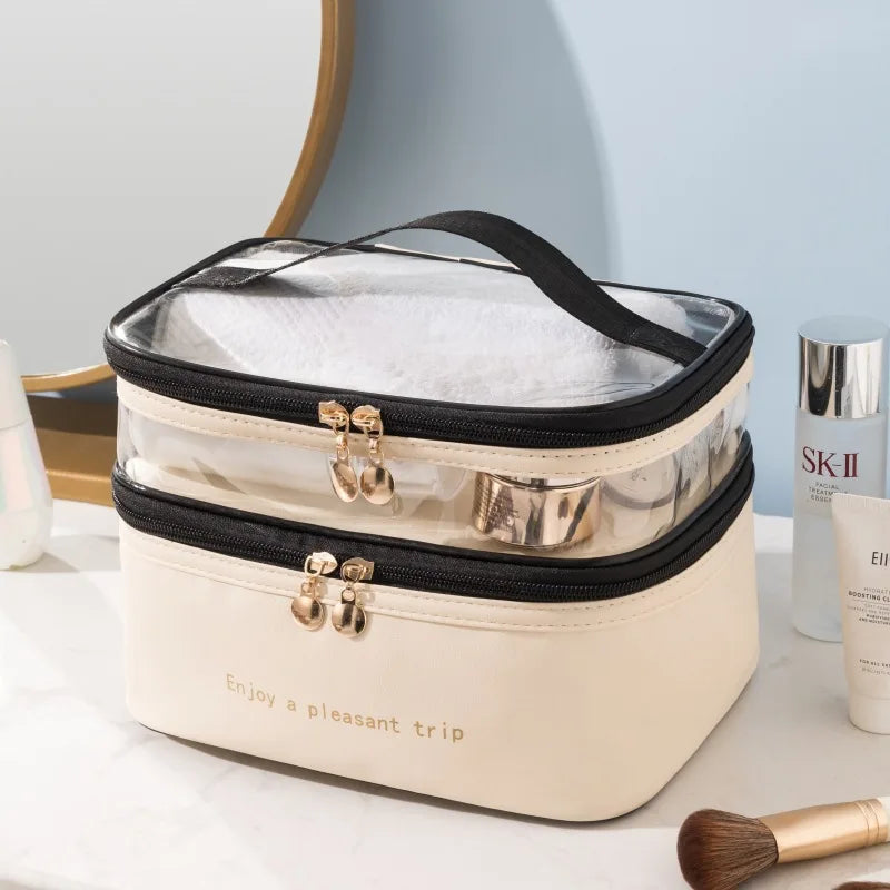 Double makeup bag PU transparent toiletries portable fashion waterproof travel large capacity storage bag
