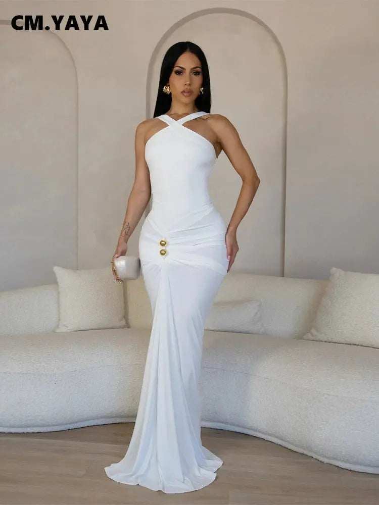 CM.YAYA Women Sleeveless Cross V-neck Ruched Stacked Midi Maxi Long Bodycon Dress 2025 Holiday Birthday Party Evening Dresses Beauty hair & fashionfj