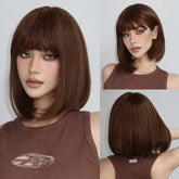 Short Black Brown Synthetic Natural Hair Wigs for Women Bob Straight Wig with Bangs High Temperature Daily Cosplay Party Wigs Beauty hair & fashionfj