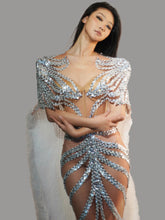 Dance Costume Singer Prom Dinner Gown Evening Banquet Party Elegant Silver Glitter Sequin Birthday Wedding Dress with Cloak Beauty hair & fashionfj
