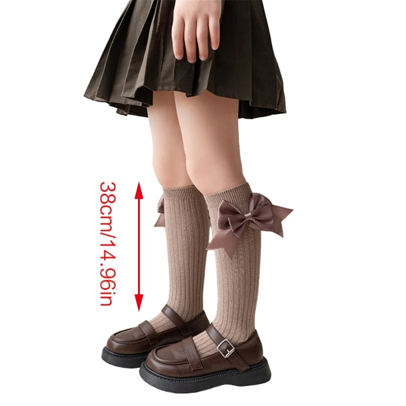 Pairs Girls Knee High Socks with Big Ribbons Bow, Back to School Socks Cotton Socks Uniform Party Wear Long Socks
