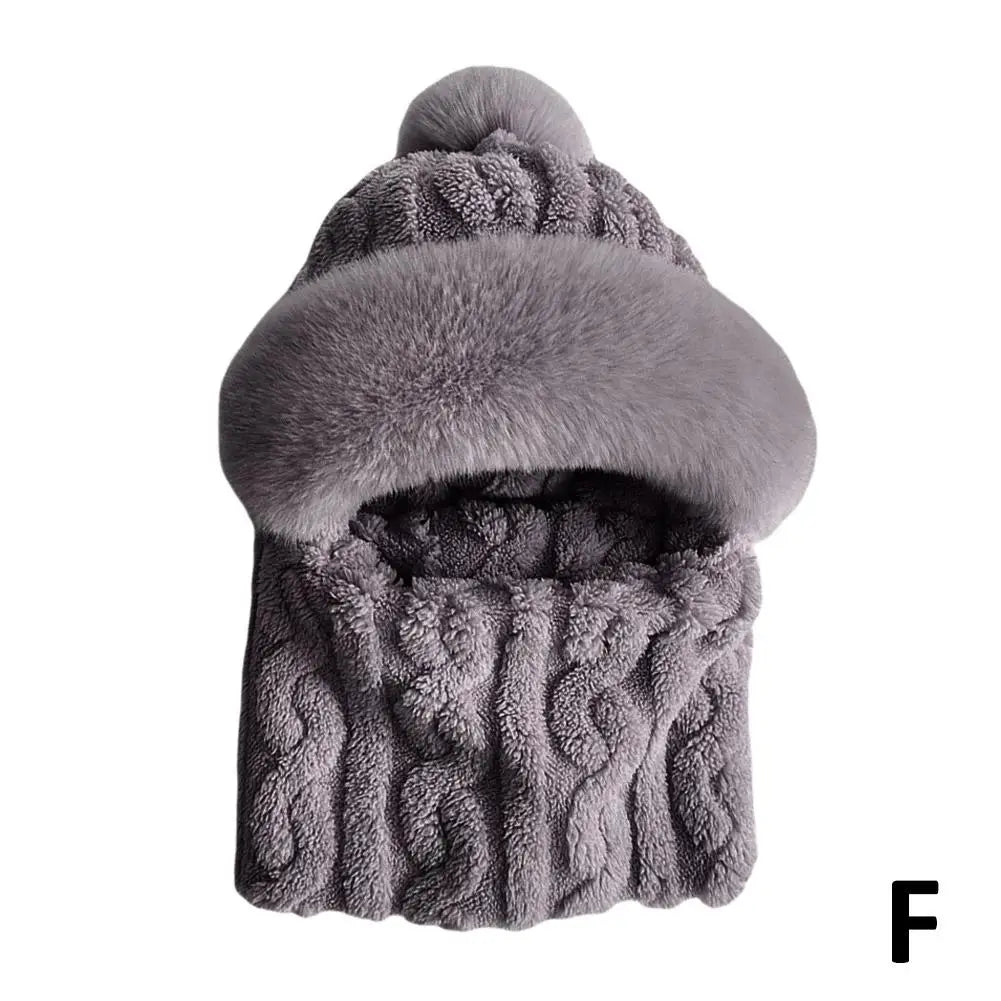 Winter Hat For Women Hooded Face Mask Fluff Keep Warm Thicken Style Neck Scarf Hooded Cap Beanie Knitted Cashmere Neck Warmer
