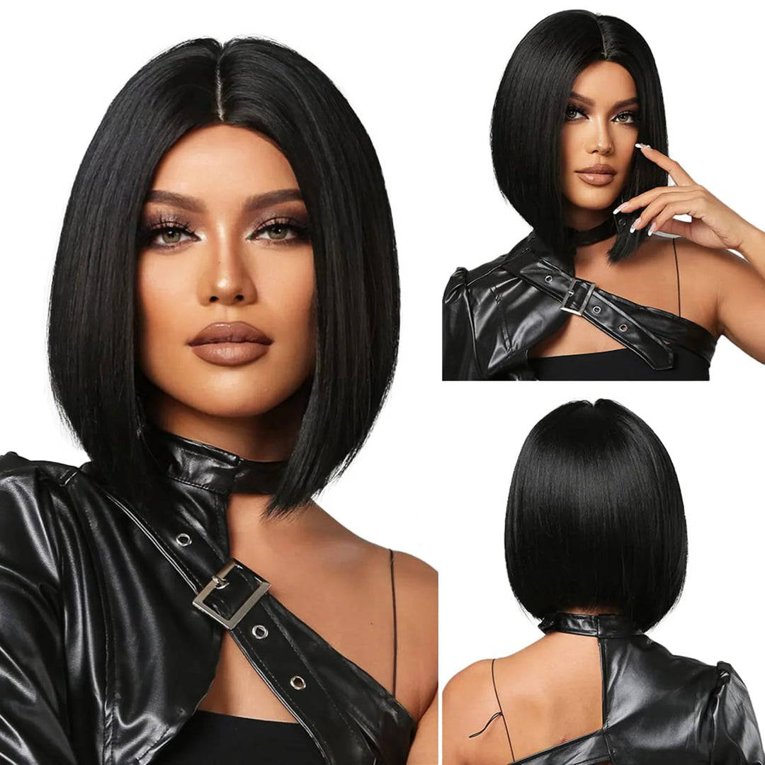 Short Straight Synthetic Bob Wigs for Women Black Burgundy Brown Bob Wig with Bangs Cosplay Wig 12Inch