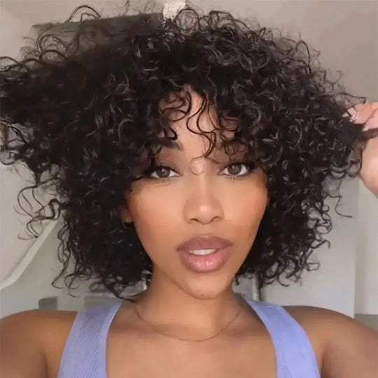 Full Machine Made 8 Inch Short Pixie Curly Bob Wig with Bangs Brazilian Human Hair Bouncy Curl Wig for Women Ready to Go Wig ﻿ ﻿ Beauty hair & fashionfj