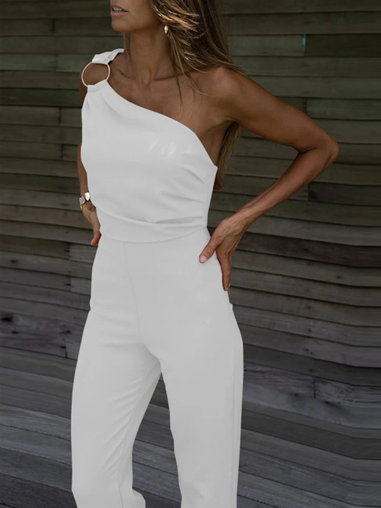 Sexy Backless Sleeveless Jumpsuit Summer Women Elegant Diagonal Collar One Shoulder Playsuits Fashion Solid Slim Ladies Rompers Beauty hair & fashionfj