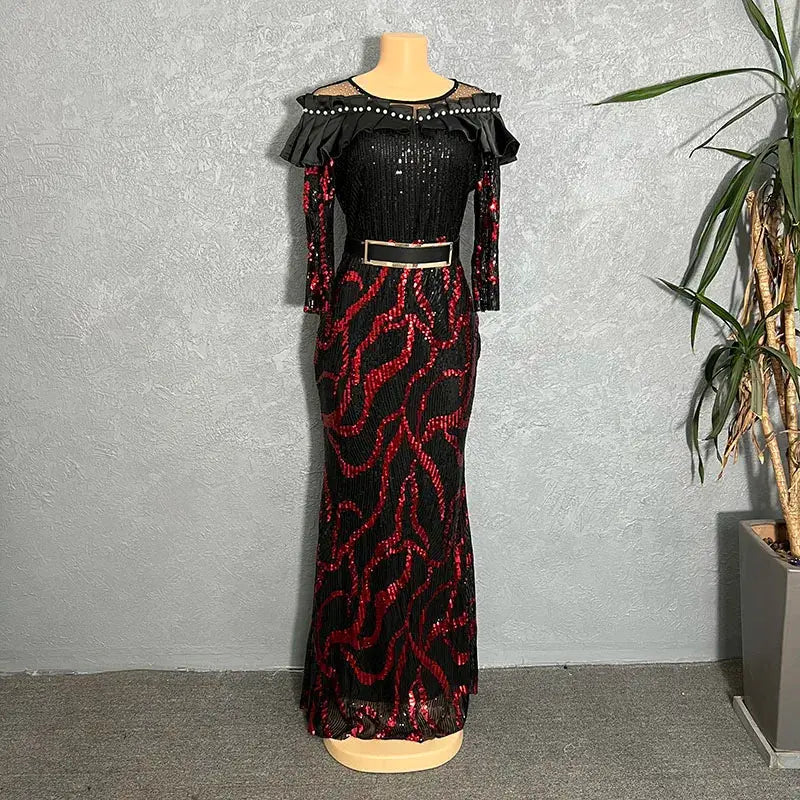 African Dresses For Women 2022 Lady Elegant Glittering Evening Dress Sparkle Sequin Sexy Sheath Maxi Party Gowns Come With Belt Beauty hair & fashionfj