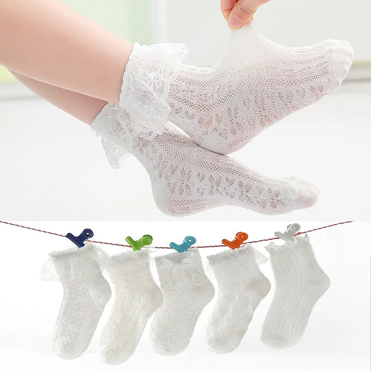 1 Pair Baby Girls Kids Socks Lace Ruffle Princess Mesh Children Short Breathable Cotton White Black Dance Toddler Socks
