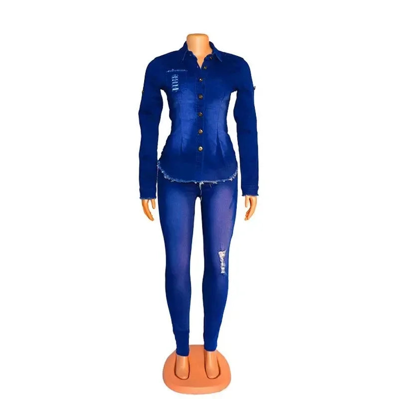 Casual Denim 2 Piece Set Jeans Suit Women Blue Long Sleeve Jeans Jacket Long Pants Slim Tracksuit Outfits 2024 Spring Autumn Beauty hair & fashionfj
