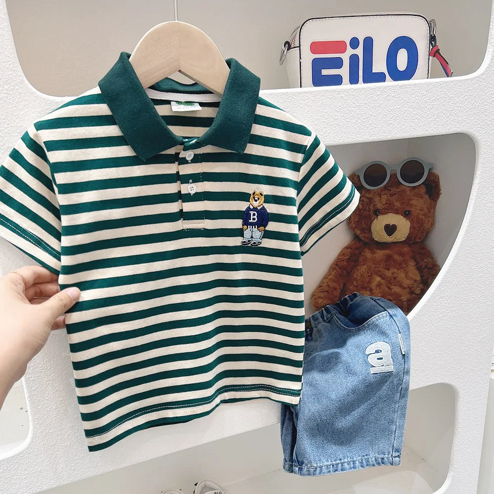 Kids Boys Clothes Toddler Shirts Baby Boys Short Sleeve Graphic Bear Tee Striped Cotton Tops For Children Clothes 3 To 8 Years Beauty hair & fashionfj