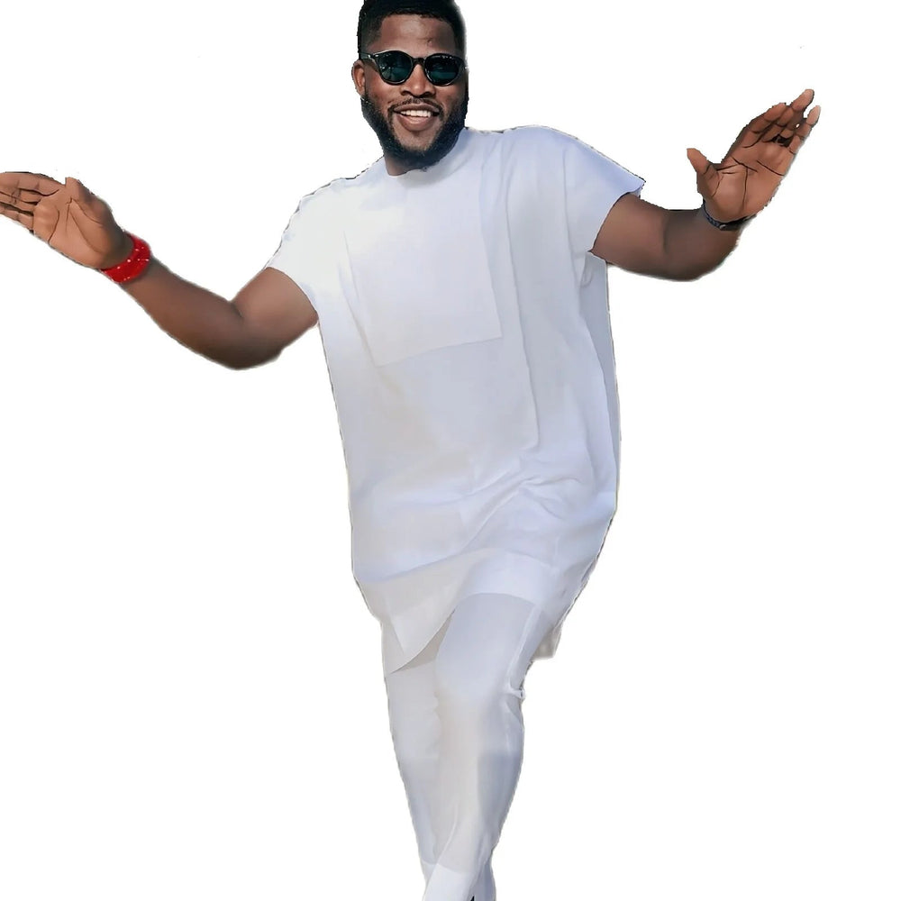 New Arrivals African Fashion Solid White Men's Cotton Pant Suits Short Sleeve Tops+Casual Trousers Custom Nigerian Style Garment Beauty hair & fashionfj