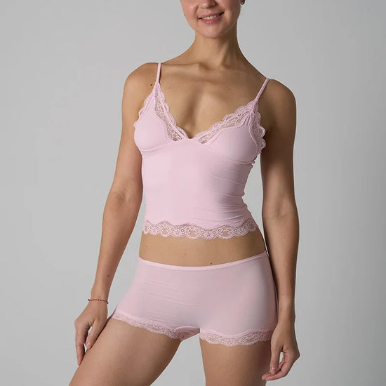 Europe American Simple Pink Light Thin Lace Strap Tank Top Flat Corner Lace Underwear for Women Comfortable Stretchy Short Sets
