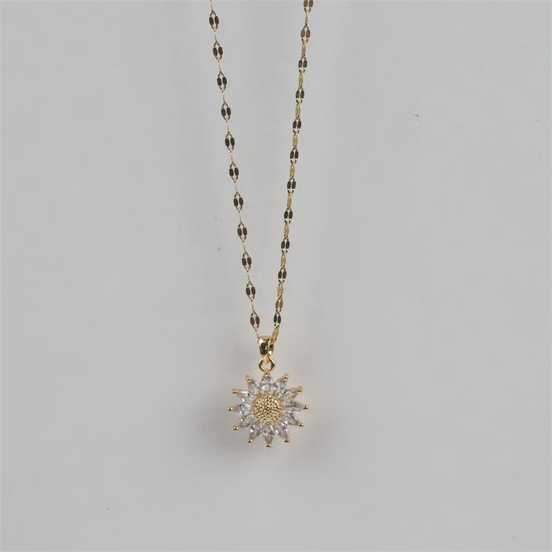 1PCS Gold-color Necklace Ladies Light Luxury Style Flower Pendant Inlaid Zirconia Titanium Steel Chain Holiday Jewelry Beauty hair & fashionfj