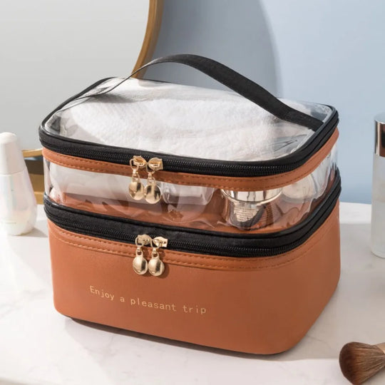 Waterproof Transparent Cosmetic Box PVC Double Layers Travel Toiletries Storage Bag PU Toiletries Organizer