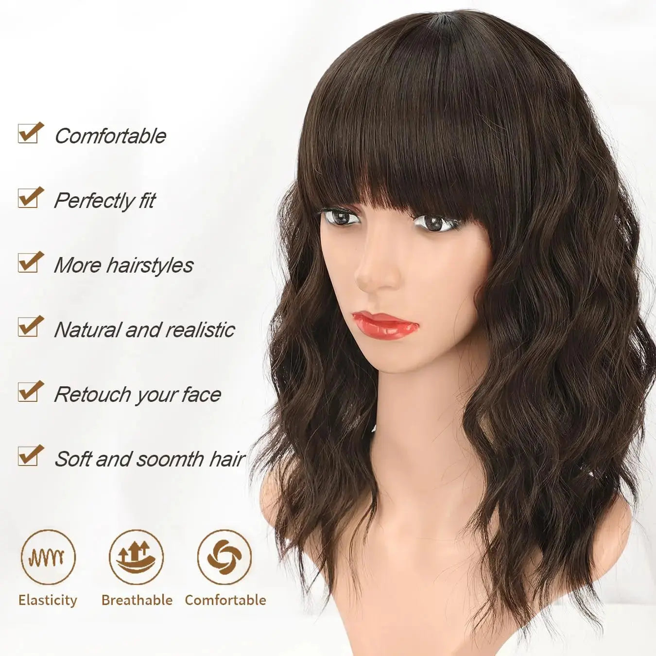 HAIR Natural Brown Synthetic Curly Wavy Bob Wig with Bangs for Women Beauty hair & fashionfj