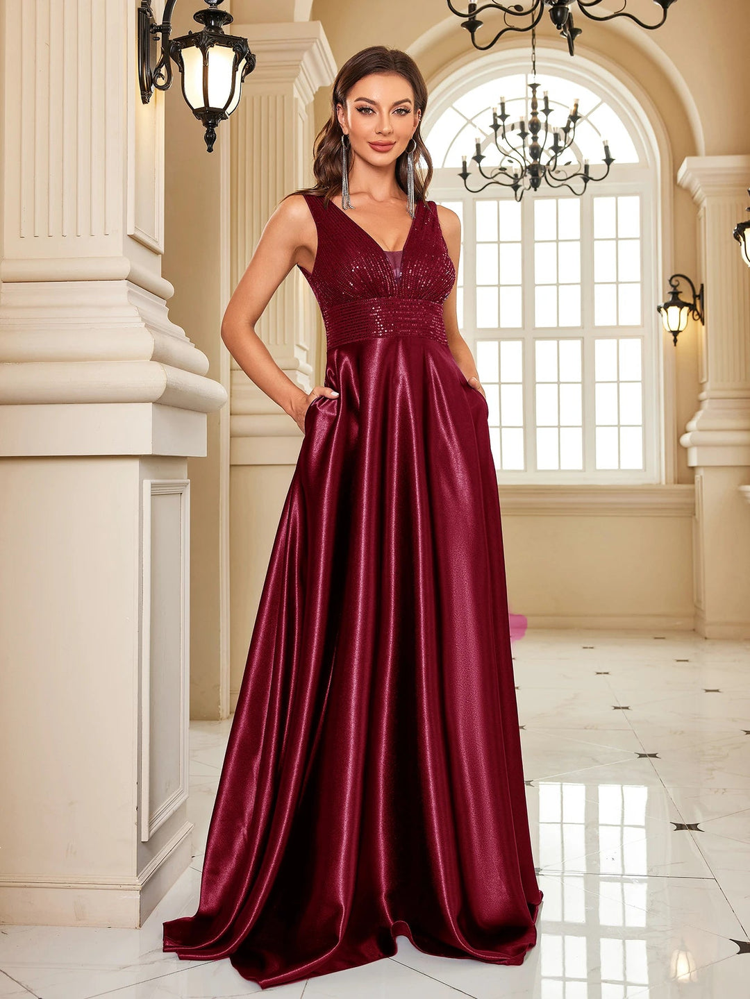 Elegant Sequins Evening Dress For Women 2024 Deep V-neck Satin Prom Party Green Dress Floor Length Blue Formal Gowns Beauty hair & fashionfj