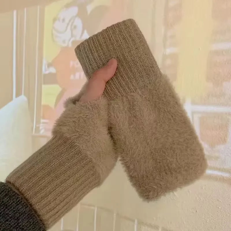 Women's winter gloves, thickened men's outdoor cycling gloves, connected finger gloves, half finger gloves, cotton new style
