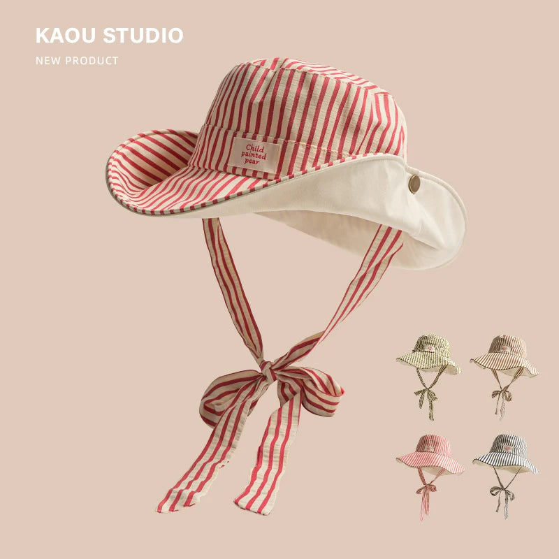 Korean Version Ins Retro Striped Big Brim Sun Hats for Women Summer Travel Sunscreen Versatile Fashion Strap Bucket Hat Beauty hair & fashionfj