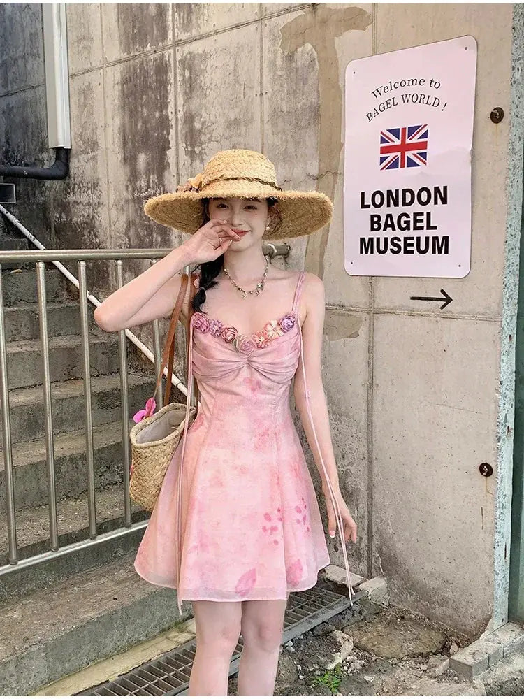 Casual Light Pink Printed Sleeveless Dress Beach Fashion Y2K Vintage Chic Summer French Retro Elegant Chiffon Midi Dress Women Beauty hair & fashionfj