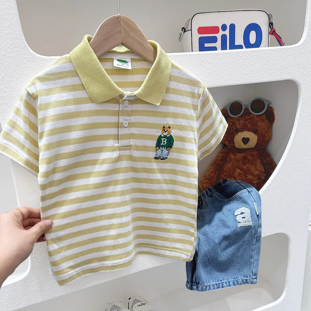 Kids Boys Clothes Toddler Shirts Baby Boys Short Sleeve Graphic Bear Tee Striped Cotton Tops For Children Clothes 3 To 8 Years Beauty hair & fashionfj