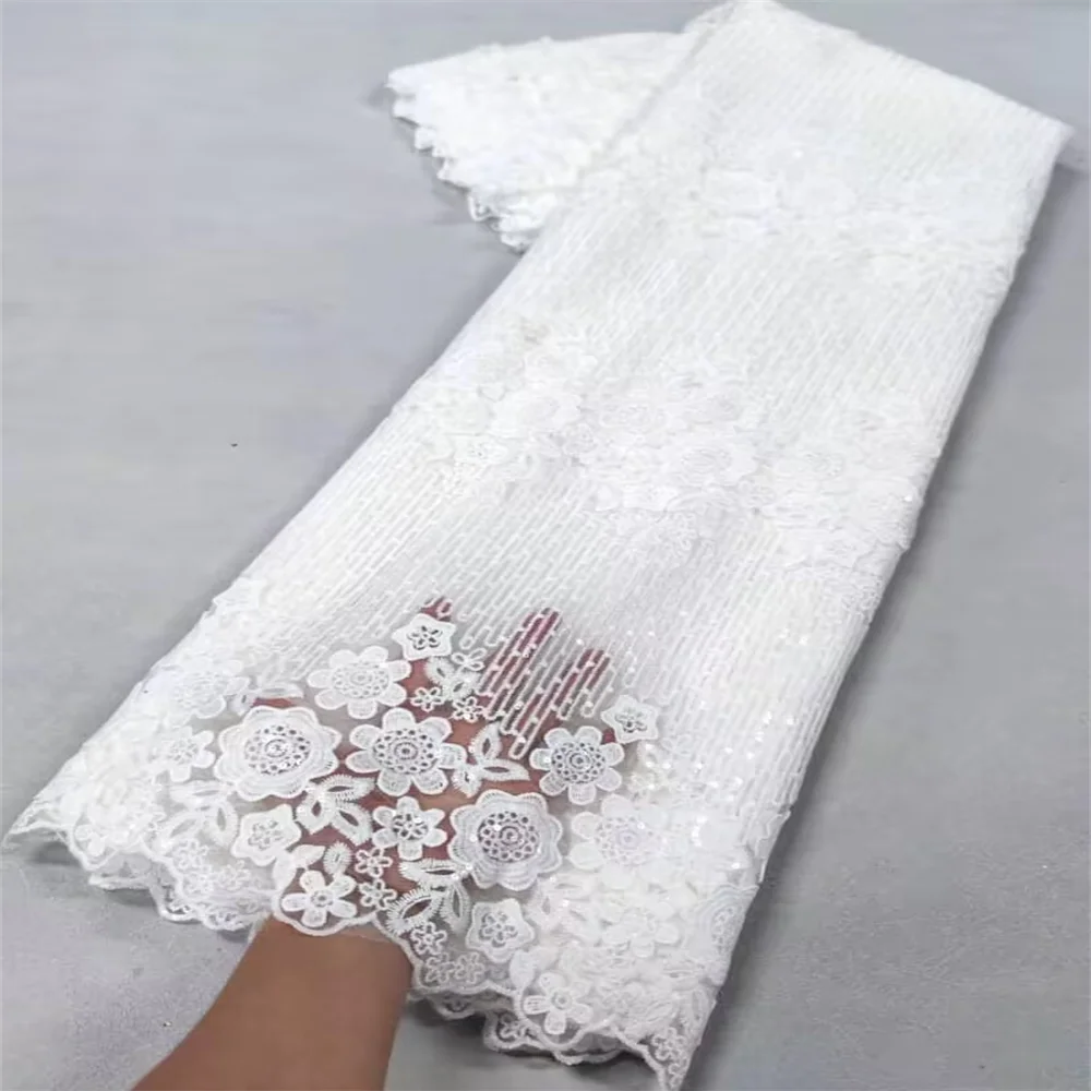 White Nigerian Lace Fabric 2023 High Quality African Net Lace Fabric With Sequins Embroidery Fabric For Wedding 5Yards Beauty hair & fashionfj