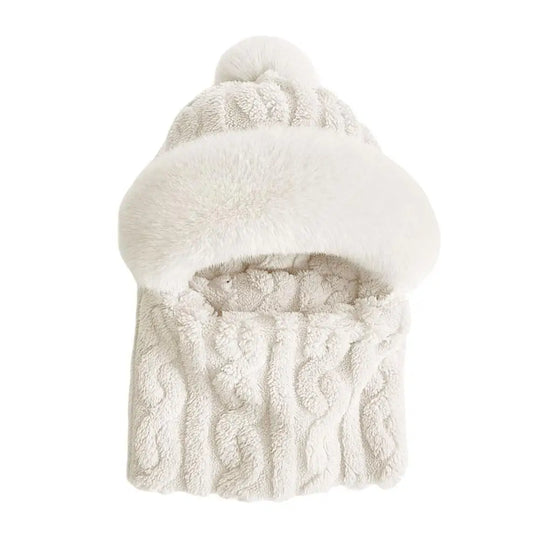Winter Hat For Women Hooded Face Mask Fluff Keep Warm Thicken Style Neck Scarf Hooded Cap Beanie Knitted Cashmere Neck Warmer