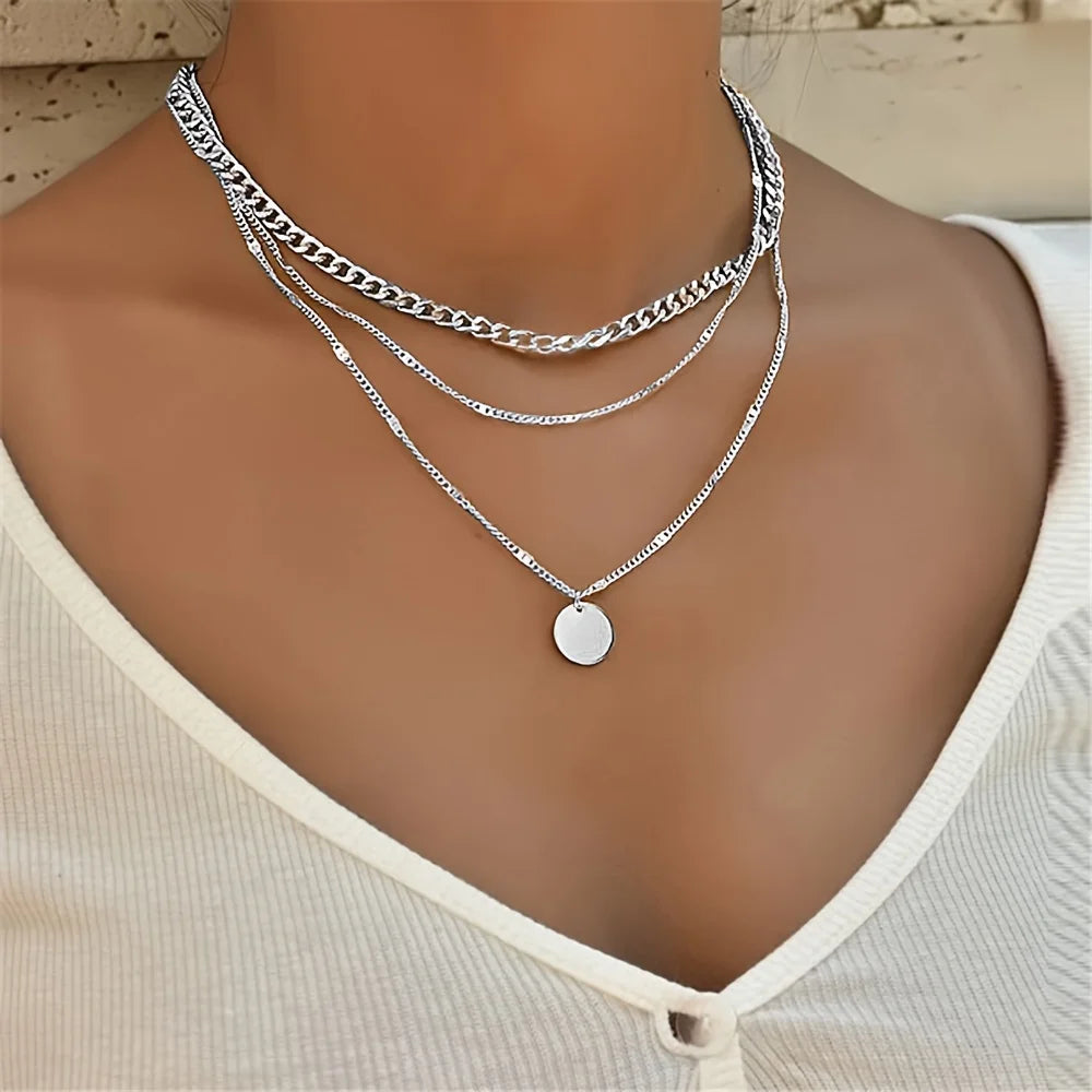 Multi Layered Golden Silvery Necklace for Women Staackable Necklace with Round Pendant  for Daily Wear Beauty hair & fashionfj