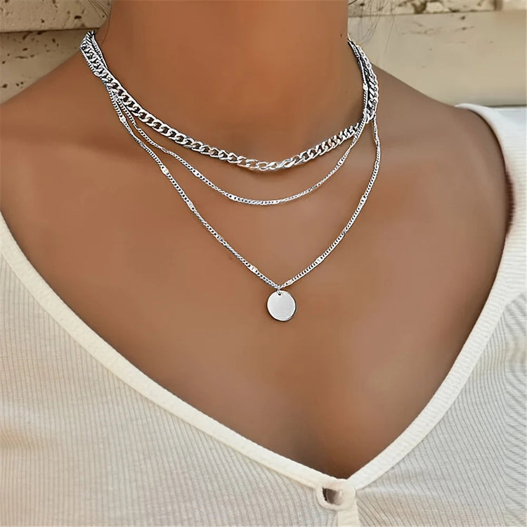 Multi Layered Golden Silvery Necklace for Women Staackable Necklace with Round Pendant  for Daily Wear Beauty hair & fashionfj