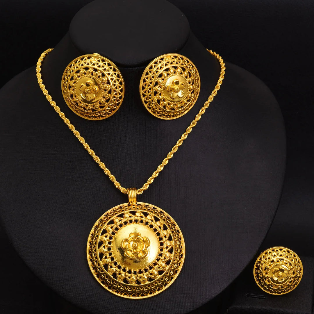 Golden Color Ethiopian Jewelry set Hollow bowl shaped 3-Piece Sets African Eritrean Wedding Engagement Gifts #211
