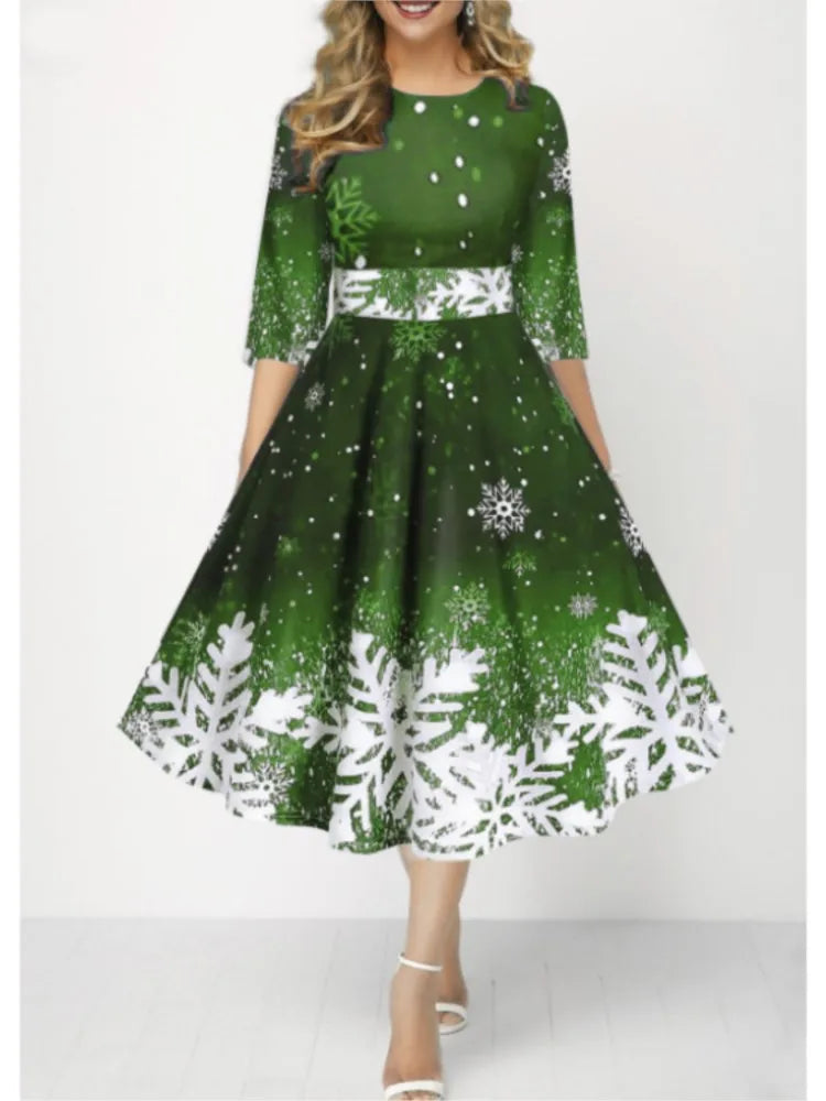 Autumn Winter New Snowflake Digital Print Women's 3/4sleeves Christmas Dress Fashion Waist Elegant Female A Line Christmas Dress Beauty hair & fashionfj
