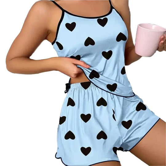 Women's Pajama Set Pajamas T-Shirts Shorts Pink Heart-Shaped Print Round Neck T-Shirt Ice Silk Top Comfortable Casual Summer ﻿ Beauty hair & fashionfj