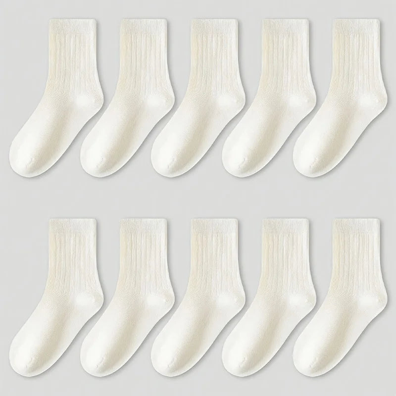 5 Pairs of Kidsren's Socks, White Pure Color, Cute and Versatile Mid-Calf Socks for Boys, Girls, Middle and Older Kidsren, Suitable for Daily Casual Wear