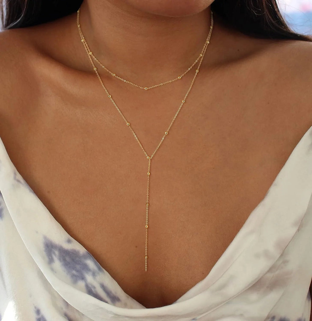 Gold Necklace for Women 14k Gold Plated/Silver Y-Shaped Pendant Necklace Layered Beaded Chain Drop Necklaces For Women Gift Beauty hair & fashionfj
