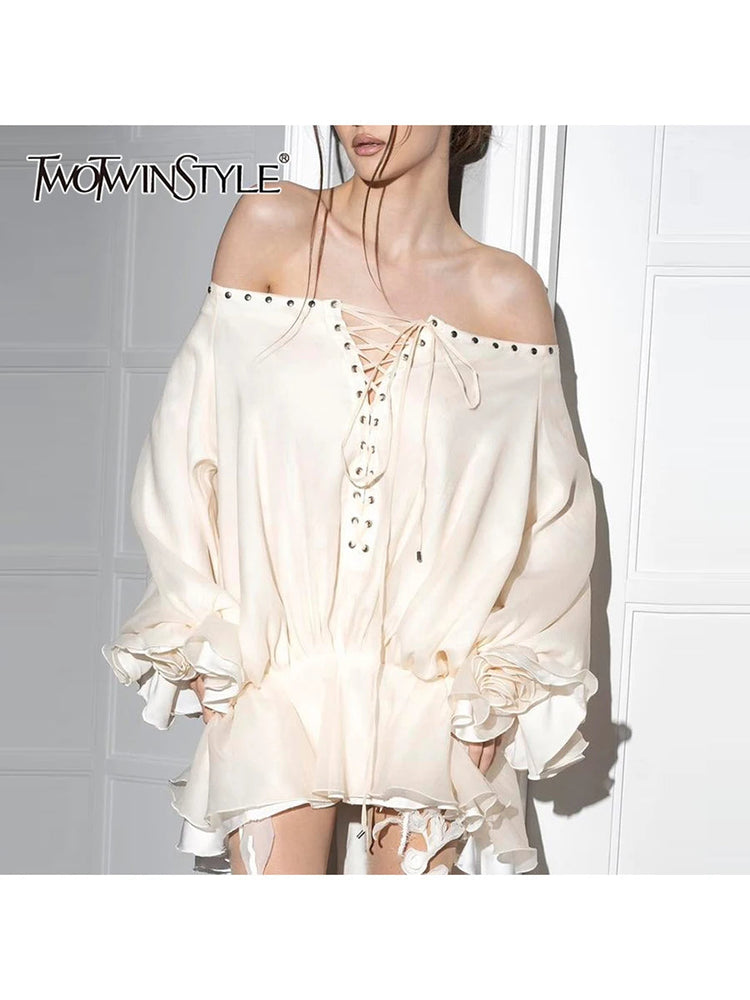 TWOTWINSTYLE Solid Lace Up Loose Dresses For Women Slash Neck Long Sleeve High Waist Designer Mini Dress Female Fashion Style Beauty hair & fashionfj