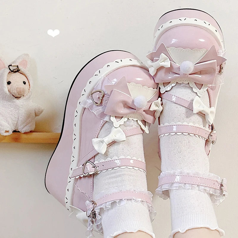 Sweet Girls Lolita Cute Bowknots Platform Shoes Kawaii Love Buckle Alice Flat Elevator Shoes Mary Janes Beauty hair & fashionfj