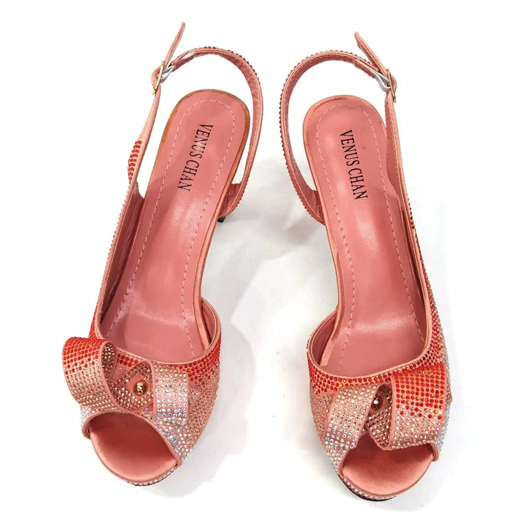 Venus Chan Newest INS Style Peach Color Rhinestone Elegant High Heels Nigeria Popular Design African Ladies Shoes And Bag Set Beauty hair & fashionfj