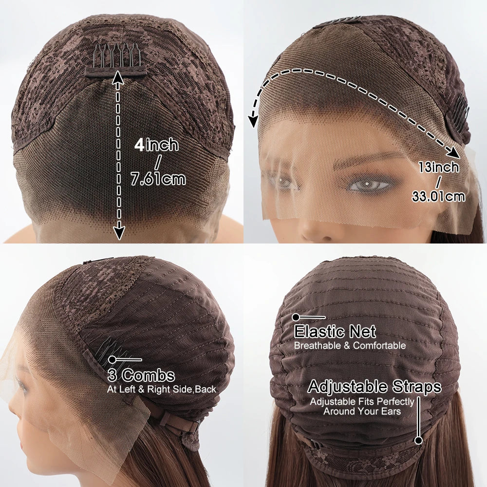 Dark Chocolate Brown Long Straight Synthetic Hair 13x4 Lace Front Wigs Transparent Lace Wigs For Women Bone Straight Wig 180% Beauty hair & fashionfj