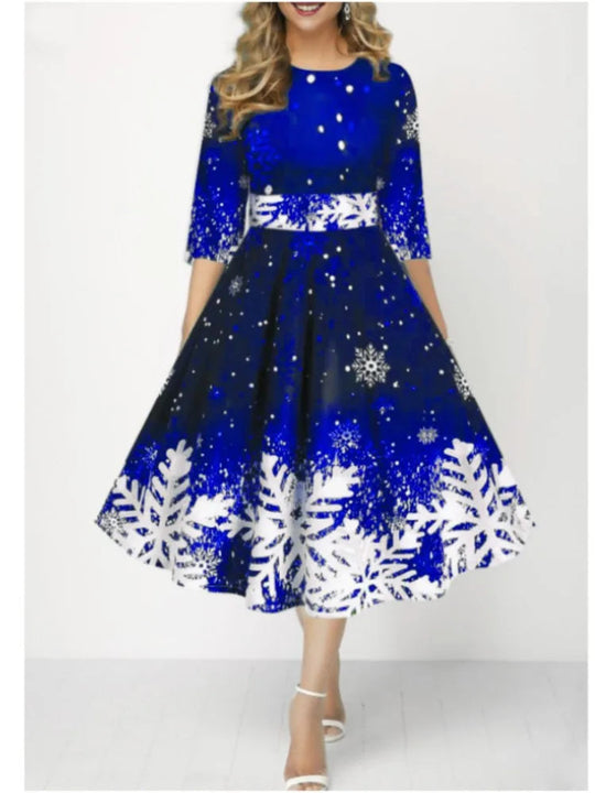 Autumn Winter New Snowflake Digital Print Women's 3/4sleeves Christmas Dress Fashion Waist Elegant Female A Line Christmas Dress Beauty hair & fashionfj