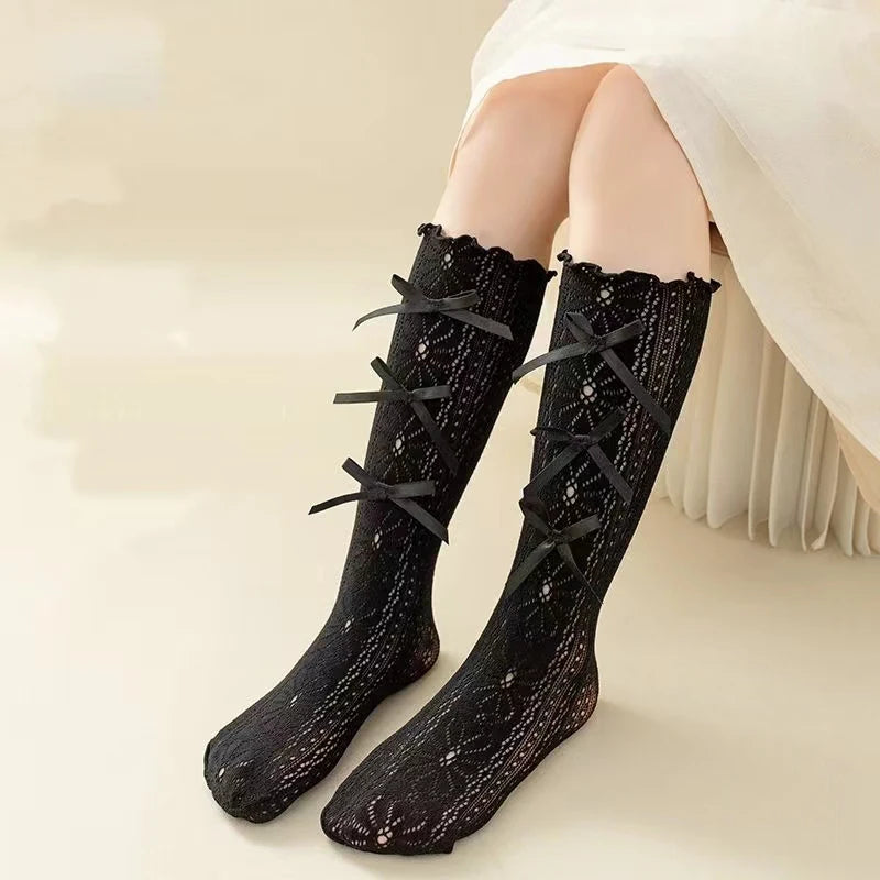 Girls Long Tube Lace Stockings Sweet Bow Jacquard Pattern Mesh Sock Baby Girl Ballet Fishing Net Frilly Socks Lolita Leggings